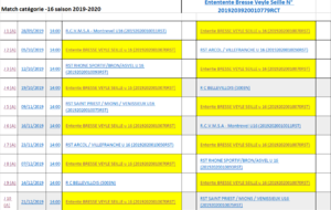 Calendrier 2019-2020 Entente BRESSE/VEYLE/SEILLE U16